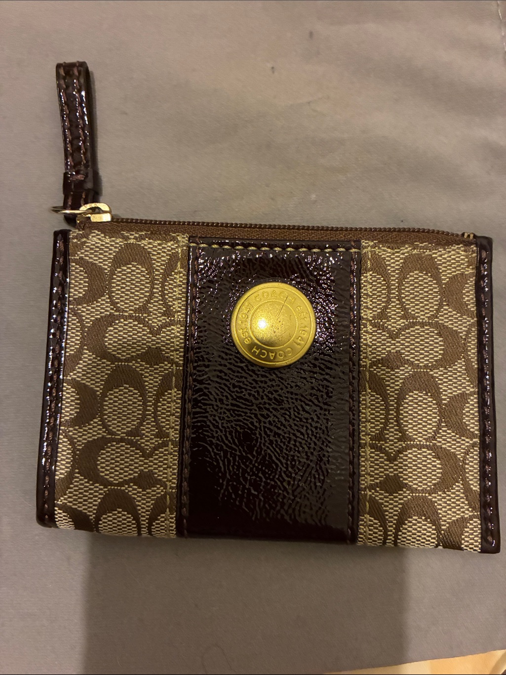 Coach Brown Signature Canvas Card Holder With Dark Brown Patent Trim